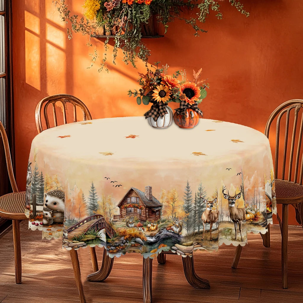 1 Piece of Autum Farmhouse Scenery Round and Rectangular Tablecloths, Various Sizes, Decorative Tablecloths with Cute Animals and Pumpkin Print Patterns, Thanksgiving Party Courtyard Tablecloths for Home Kitchen, Tablecloths