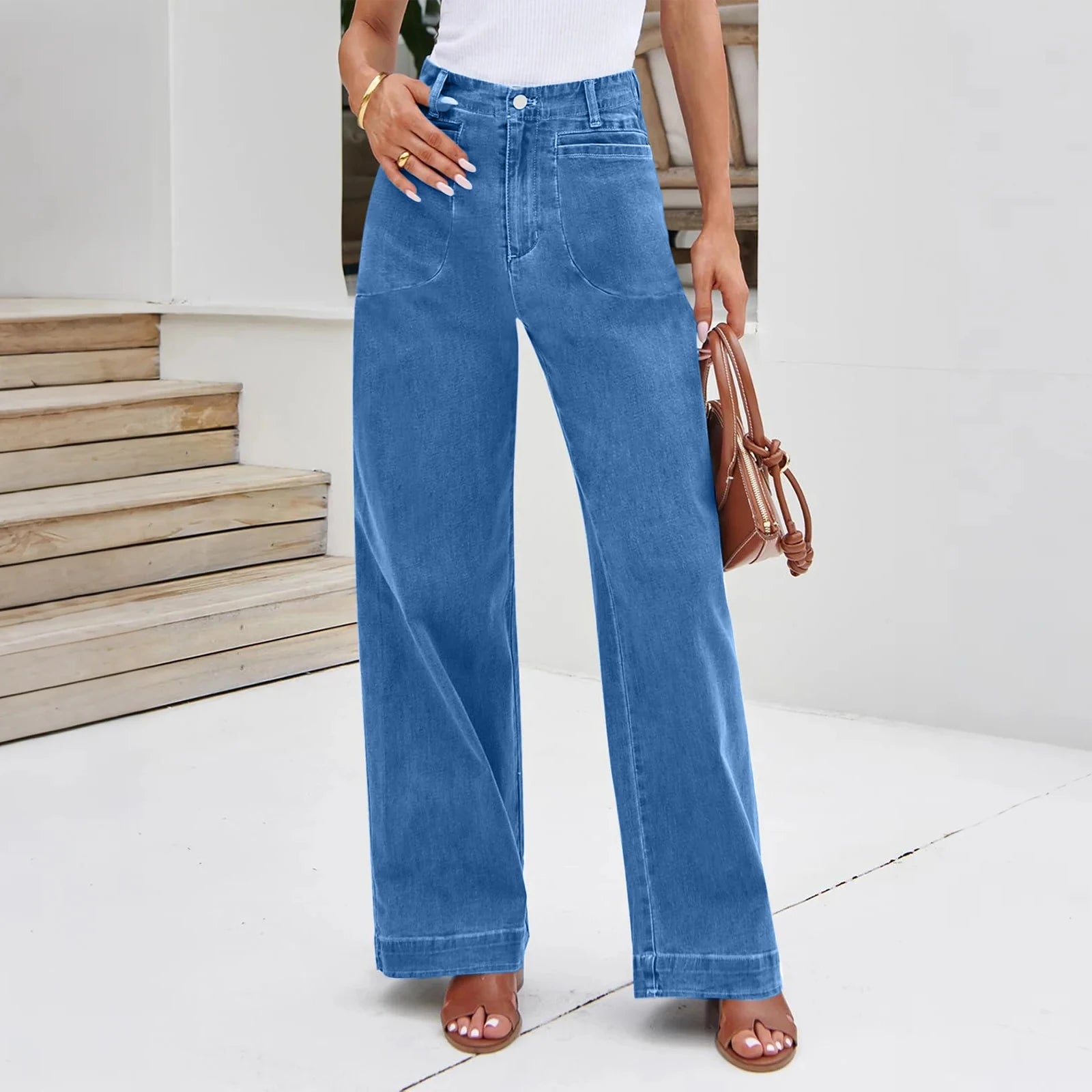 Womens High Waist Spring Wide Leg Straight Jeans Retro Style