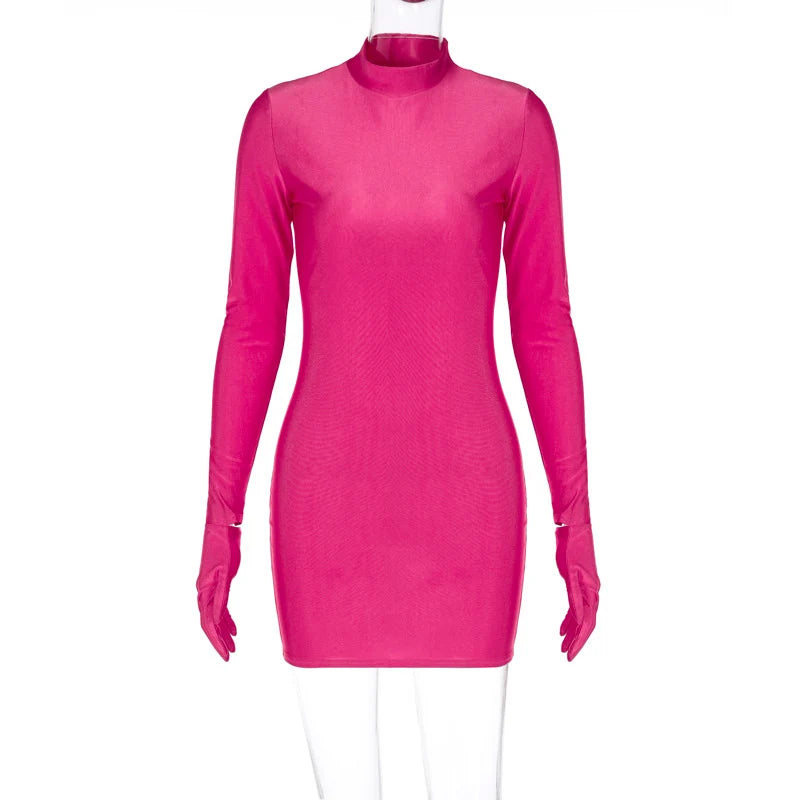 Women’s Solid Long Sleeve Bodycon Mini Dress with Gloves Half Turtleneck Party Y2K