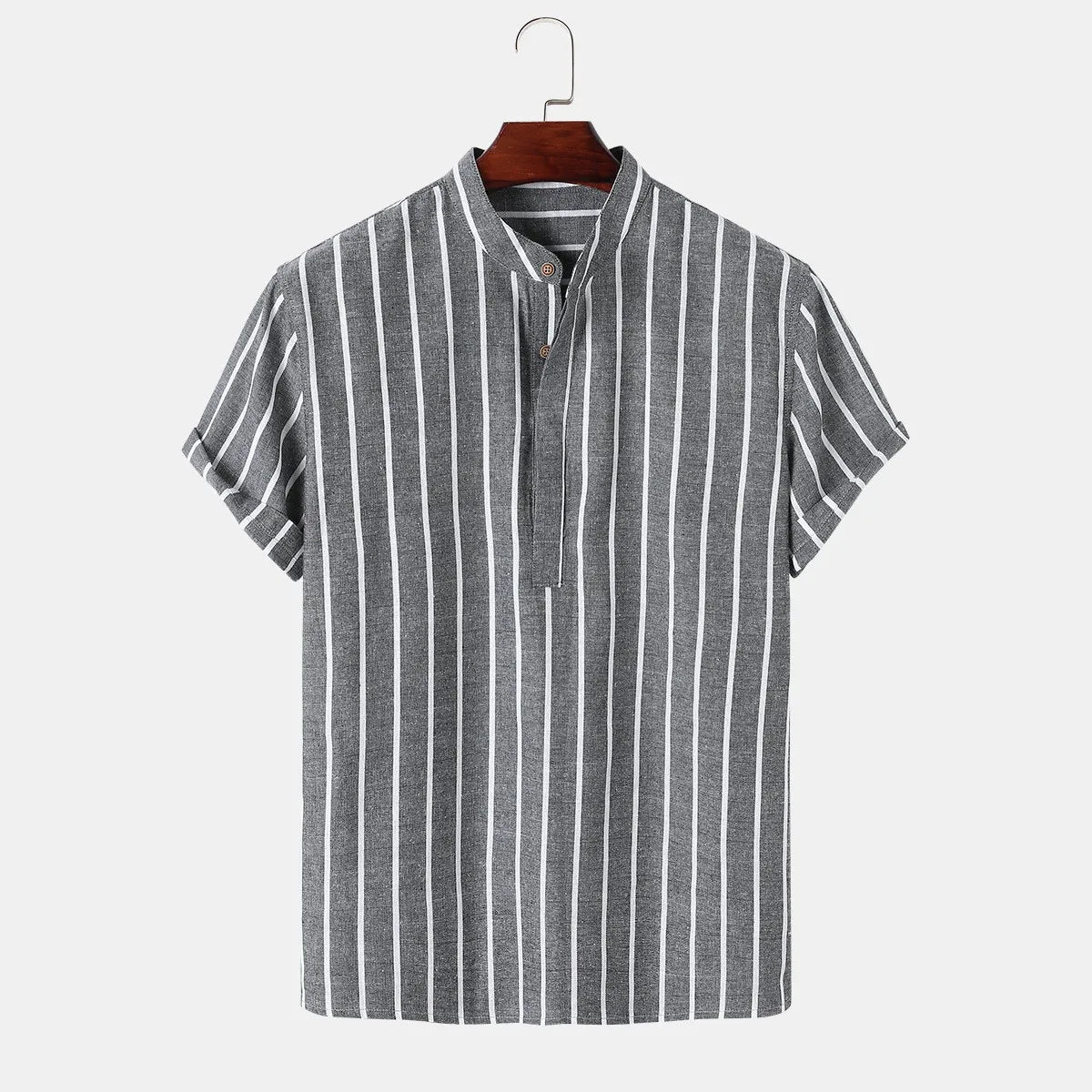Men's Striped Linen Short Sleeve Shirt - Casual Stand-Up Collar Summer Top