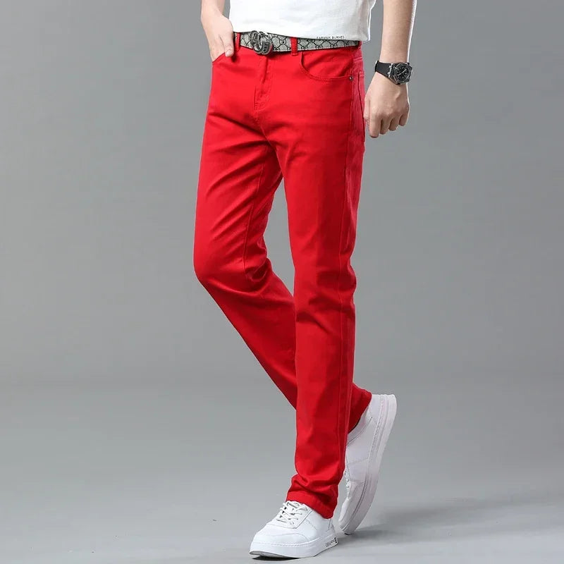 White Jeans Mens Fashion Straight Elastic Cotton Denim Pants Spring Autumn Business Casual Trousers