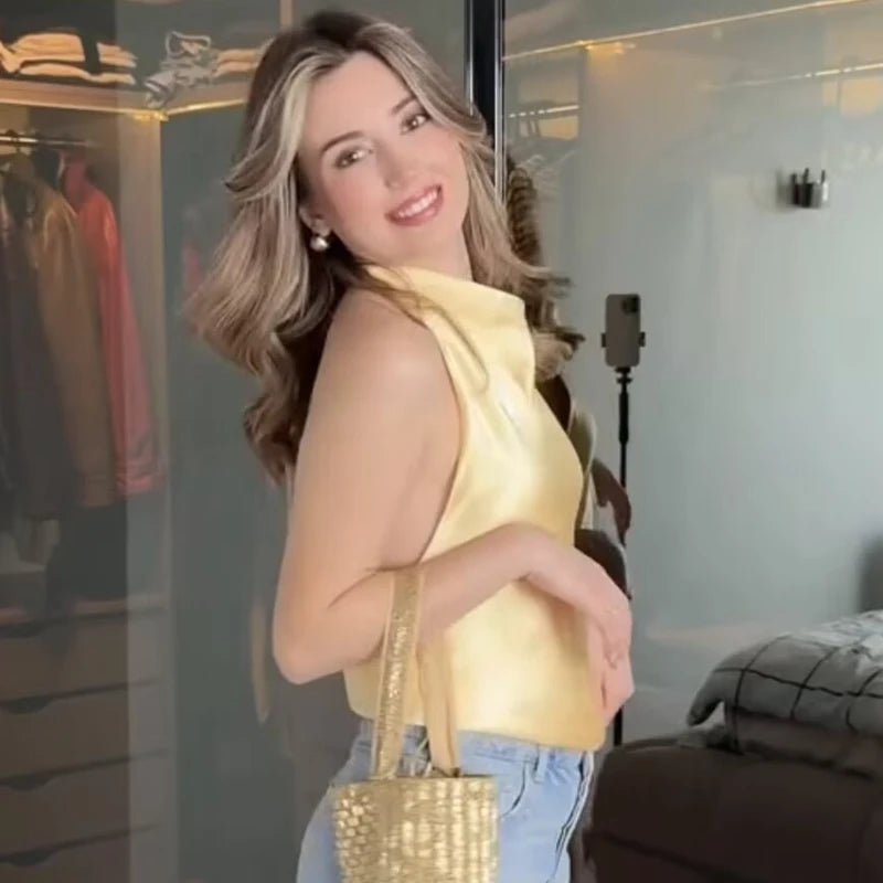 HXAO Top Women Halter Satin Women Tops Backless Corset Top Vest Yellow Pink Black Summer Elegant Sexy Tops Tank Vestidos