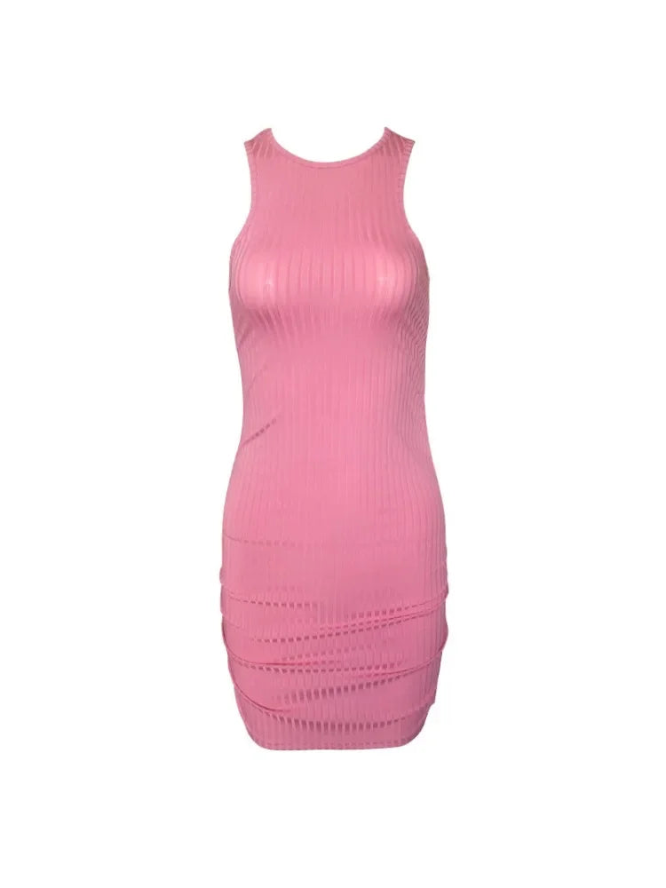 Women Bodycon Mini Dress Sleeveless Slim Fit Solid Color