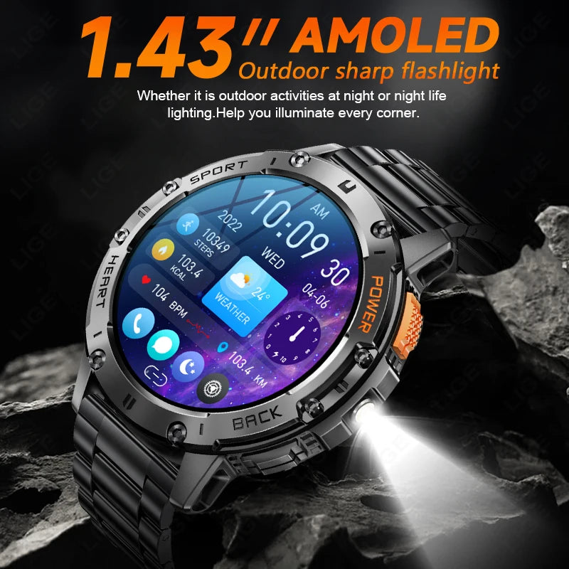 AMOLED Smart Watch for Men – Waterproof Sports Fitness Tracker with Flashlight & Bluetooth Call + Box
