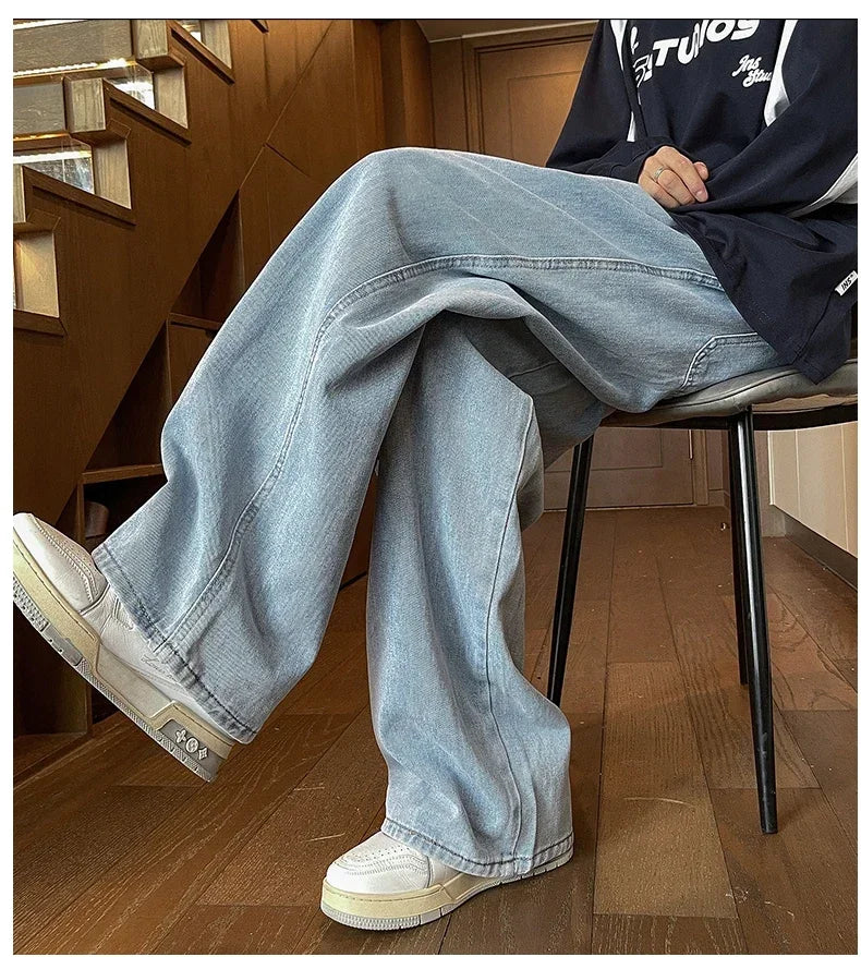 Mens Black Gray Loose Straight Wide Leg Jeans Casual Pantslue