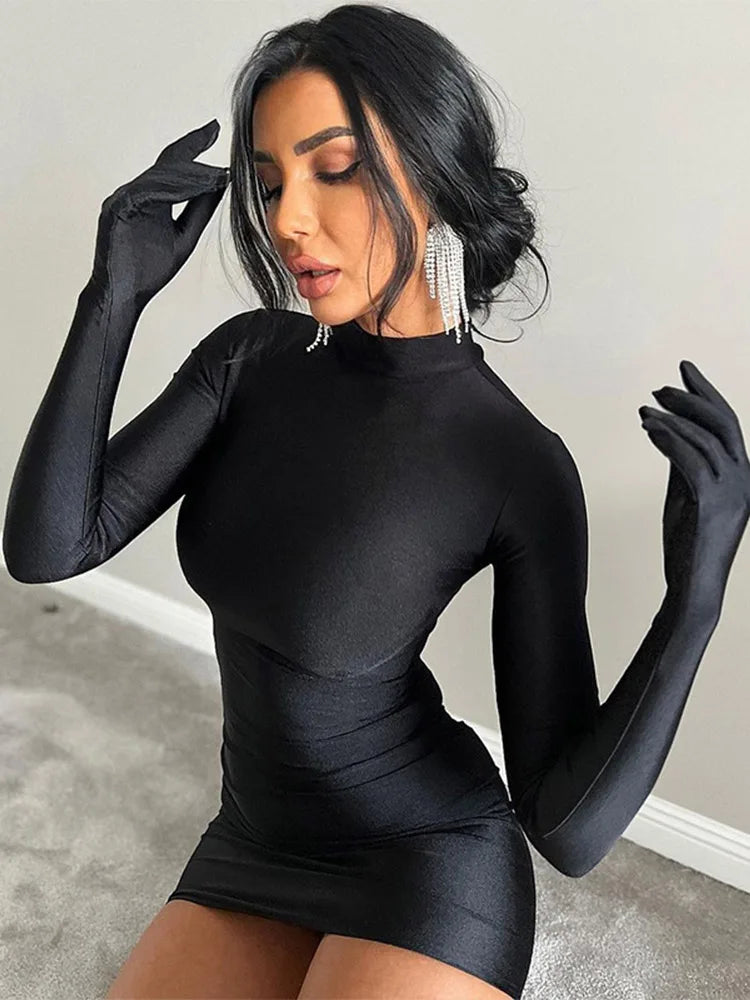 Women’s Solid Long Sleeve Bodycon Mini Dress with Gloves Half Turtleneck Party Y2K