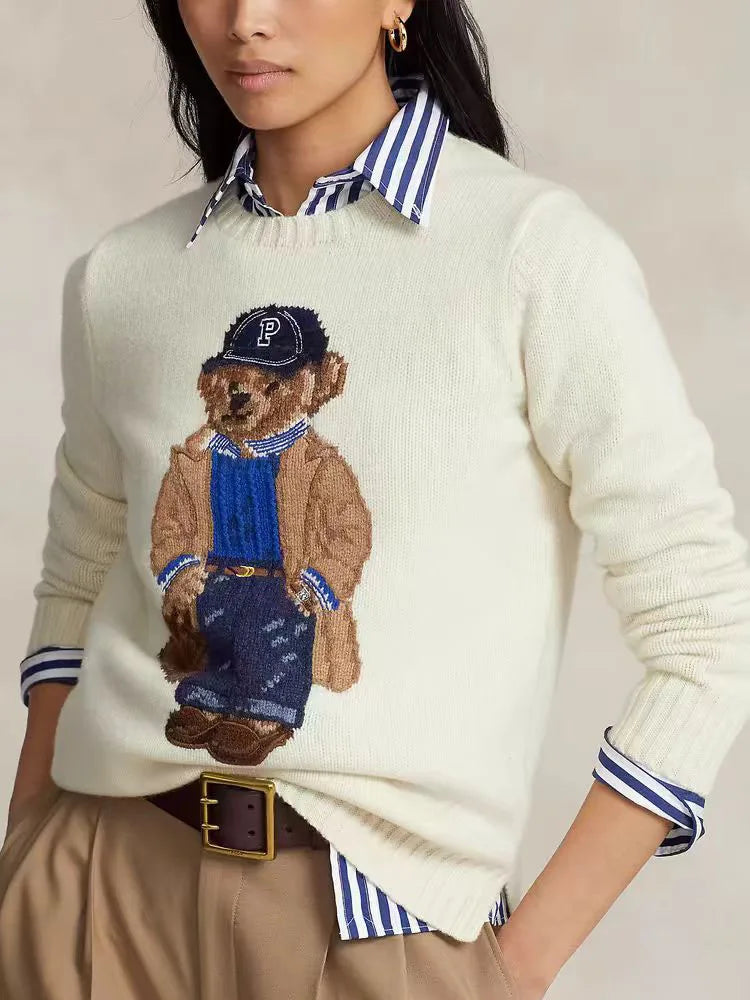 Bear Print Cashmere Pullover Sweater – Trendy Autumn/Winter Knitwear - trendingshoping.com