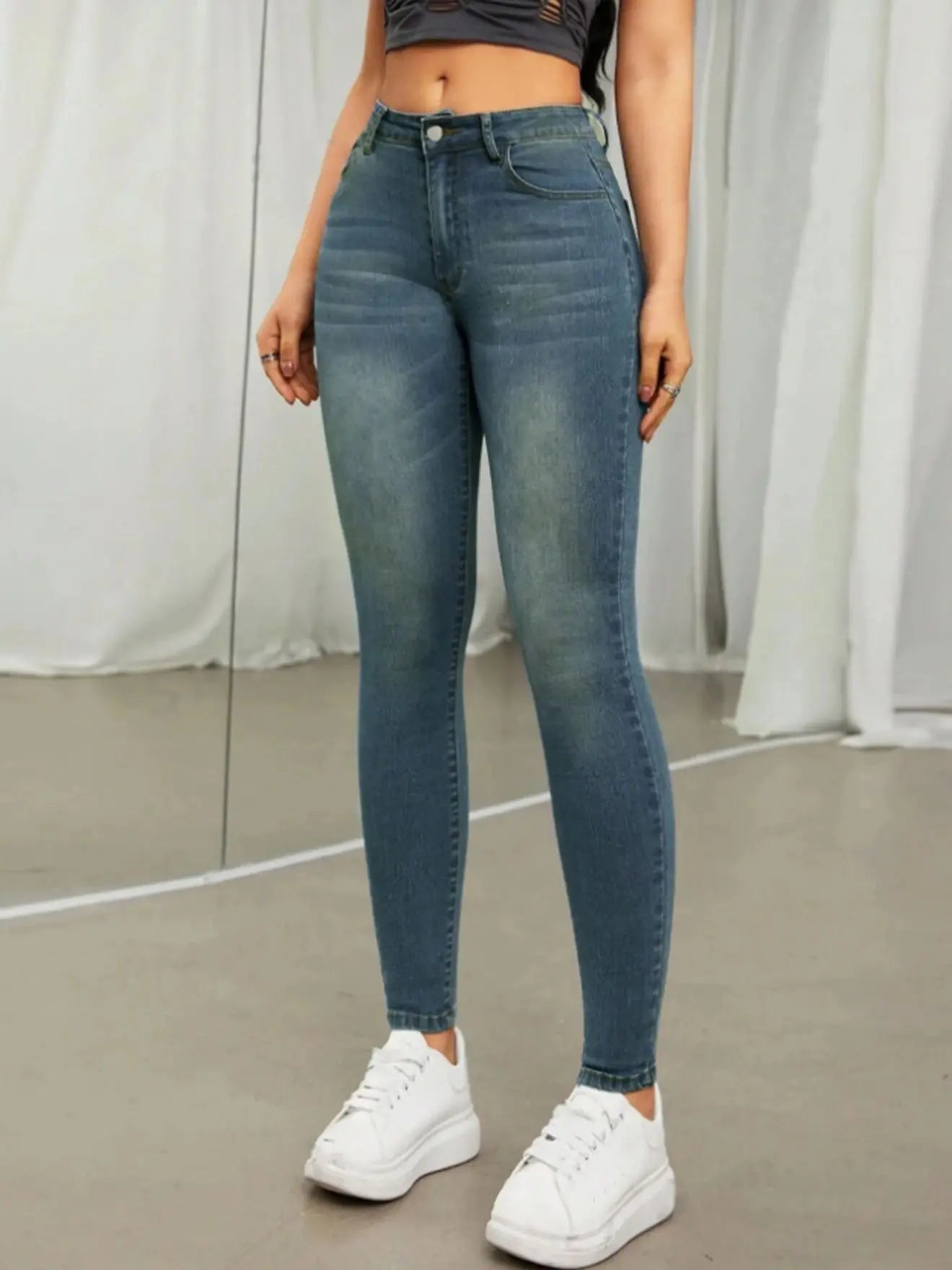 Womens High Waist Skinny Jeans Vintage Wash Slim Fit Casual Wear