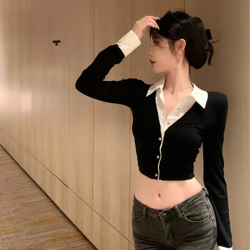 T-shirts Women Minimalist Sexy Aesthetic Delicate Panelled Patchwork All-match Female Clothing Fake Two Pieces Knitted Advanced