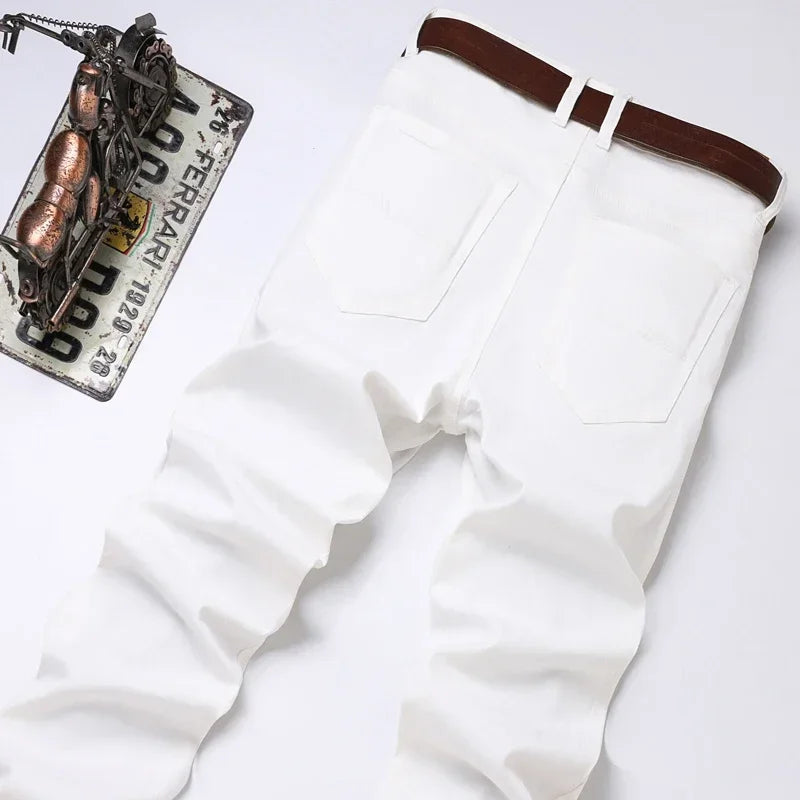 White Jeans Mens Fashion Straight Elastic Cotton Denim Pants Spring Autumn Business Casual Trousers