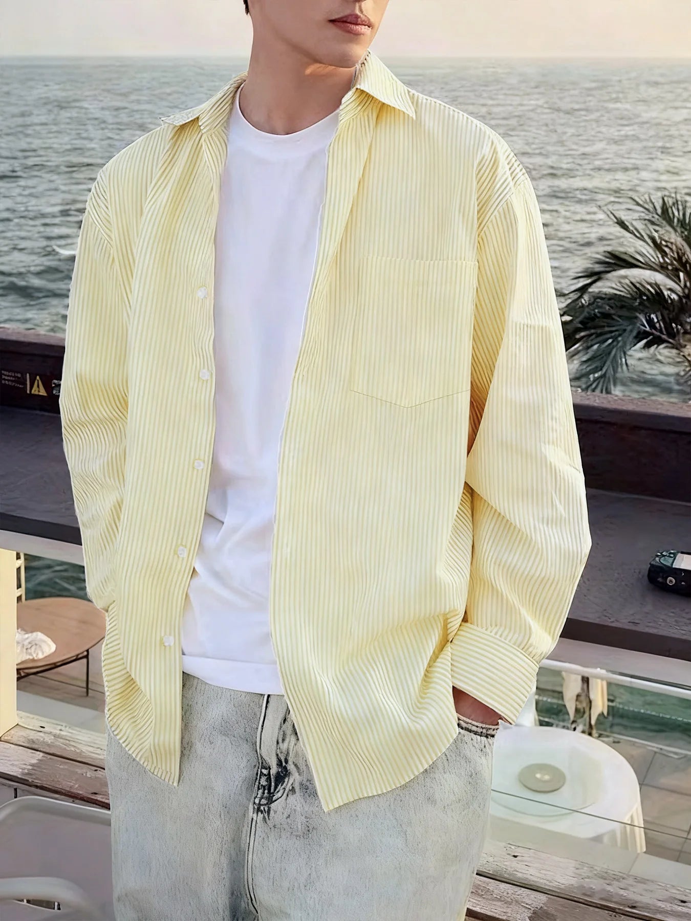 Men's Striped Shirt for Spring and Autumn, Trendy and Versatile, Niche Design, Vintage Long-Sleeve Striped Shirt