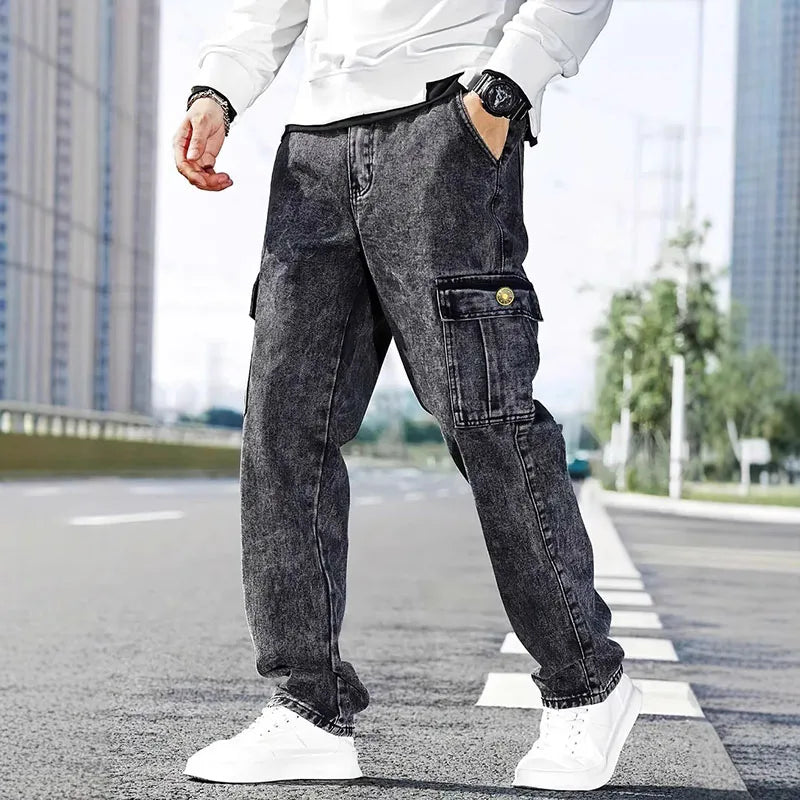 Mens Loose Straight Leg Jeans Large Pocket Casual Work Pants