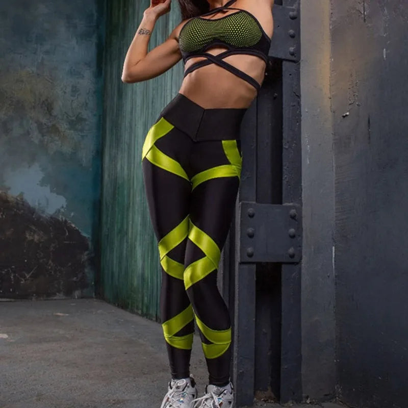 Women’s 2-Piece Mesh Yoga Set - Lace-Up Sports Bra & High Waist Leggings