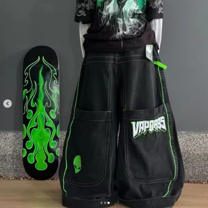 Jeans Spring and Autumn European and American wide-leg loose alien pattern trousers 2024 new high street trend hip-hop men - trendingshoping.com