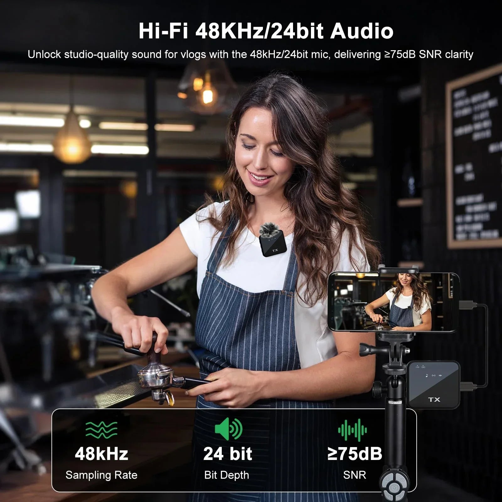 Wireless lavalier microphone for iPhone, camera, Android, reverb video recording, podcast noise reduction clip on microphone