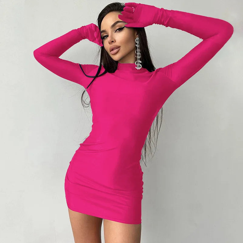 Women’s Solid Long Sleeve Bodycon Mini Dress with Gloves Half Turtleneck Party Y2K