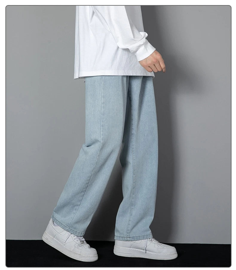 2025 New Korean Men's Casual Long Jeans Classic Man Straight Denim Wide-leg Pants Solid Color Light Blue Grey Black