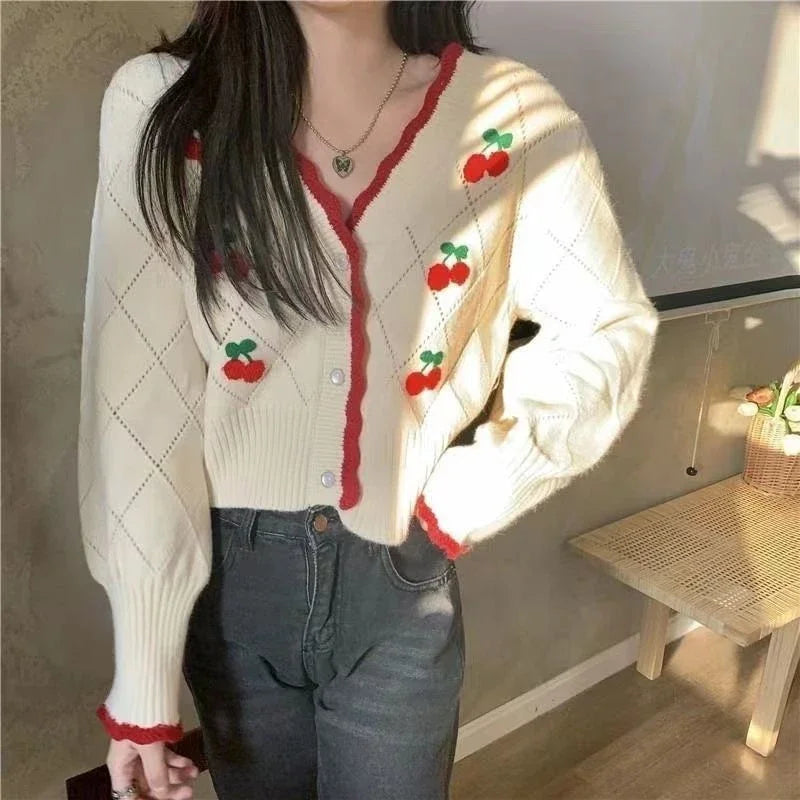 New Fashion Spring Autumn V-neck Long Sleeve Knitting Cardigan Women Casual Loose Button Floral Hollow Out All-match Tops