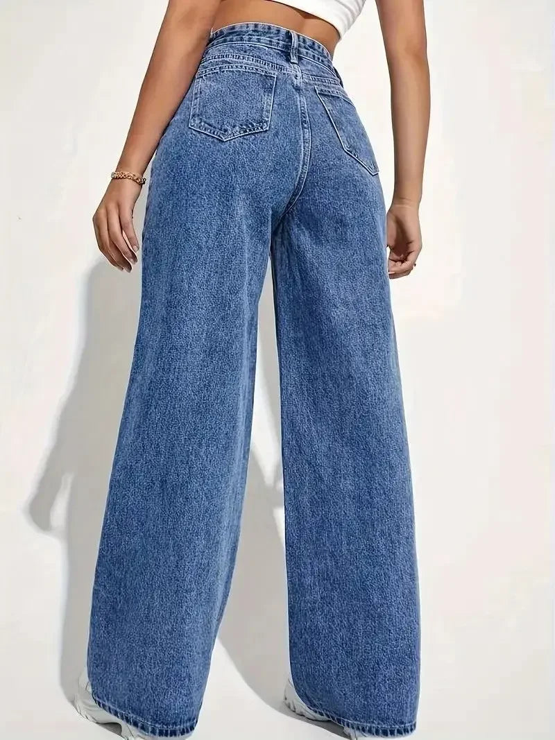 New ForeignWomen's High-Waisted Wide-Leg Jeans - Straight Loose Fit Denim with Elegant Drape Trade