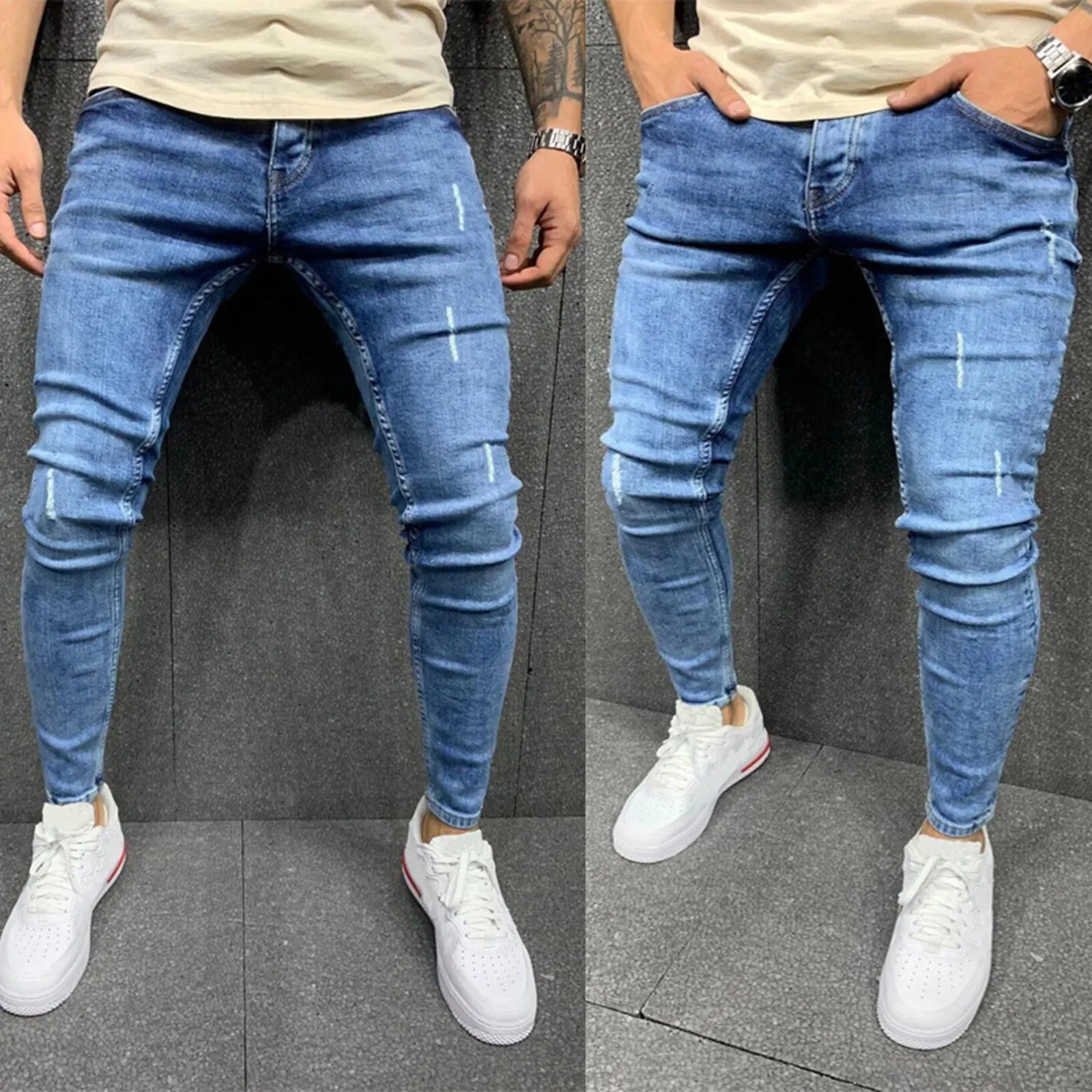 Men's Ripped Skinny Jeans - Distressed Slim Fit Elastic Denim Streetwear Pants
