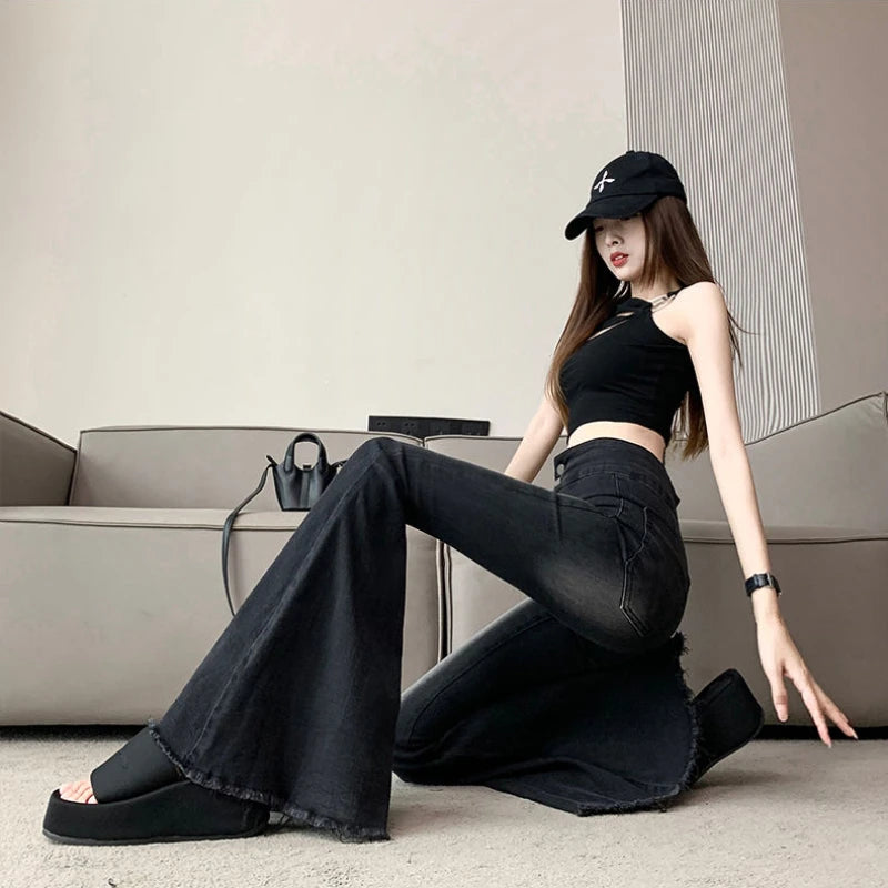 Jeans Women Autumn Chic Daily Flare Trousers Gradient Color High Street Full Length Fashion All-match Temperament Simple Shinny - trendingshoping.com