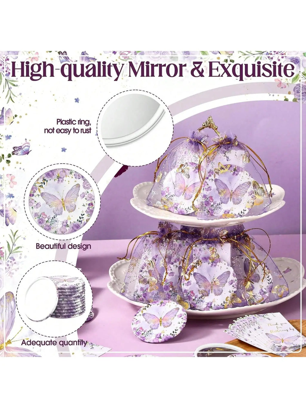36pcs Butterfly-Themed Party Favor Set, Includes 12 Compact Mirrors, 12 Thank You Cards, 12 Organza Bags, No Electricity Needed,