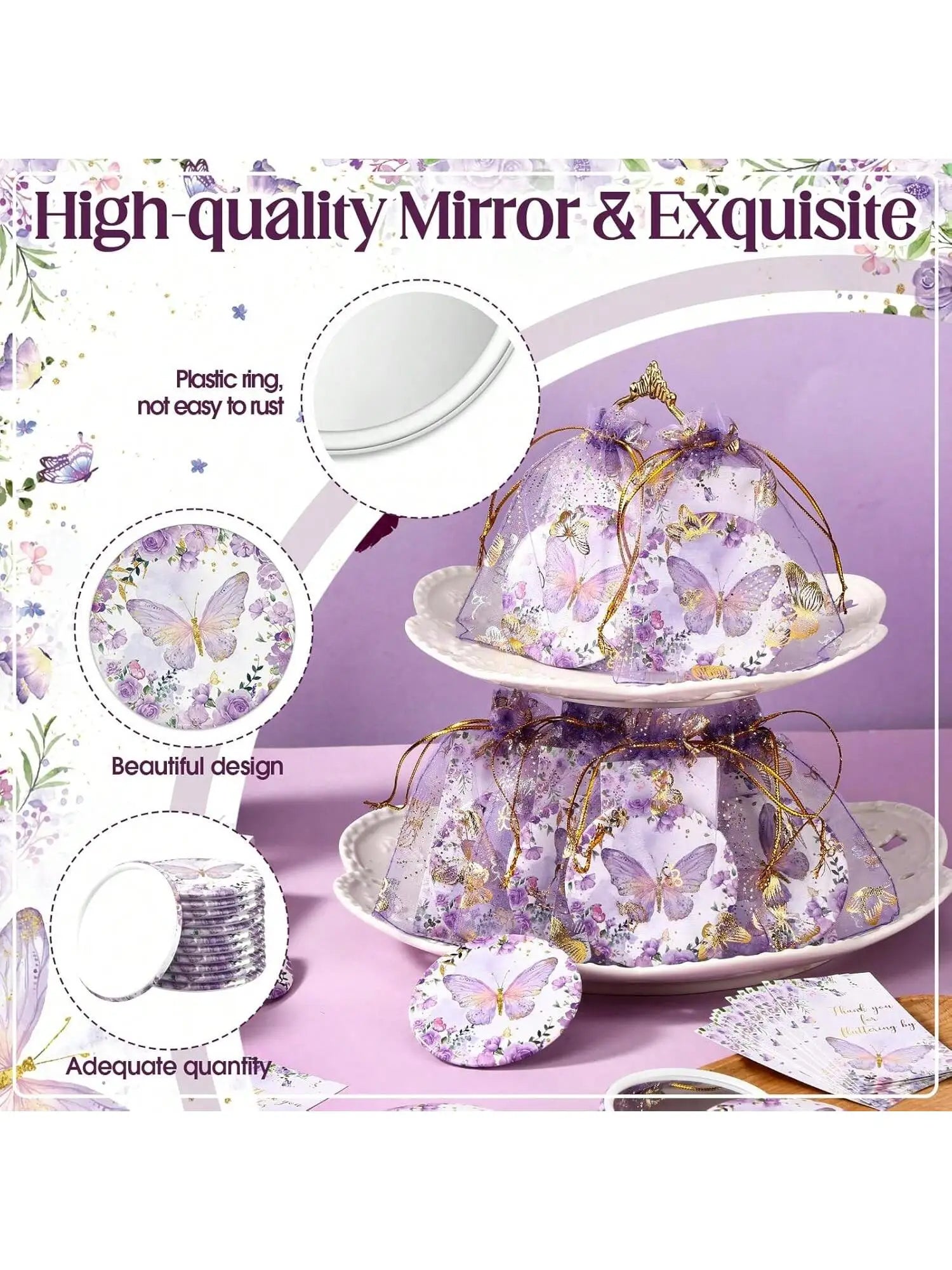 36pcs Butterfly-Themed Party Favor Set, Includes 12 Compact Mirrors, 12 Thank You Cards, 12 Organza Bags, No Electricity Needed,