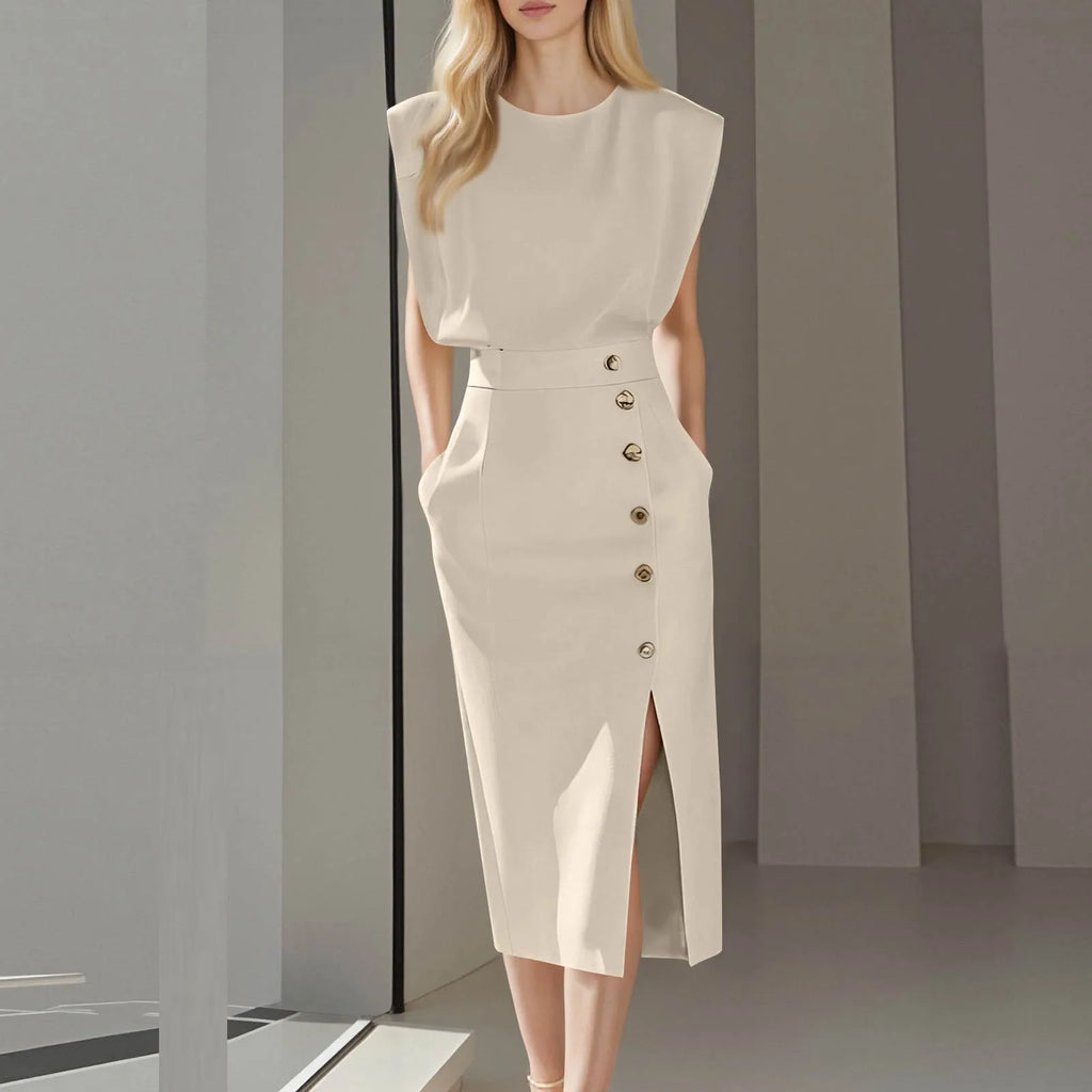 White Formal Autumn Dress for Women - Elegant Office & Evening French Style