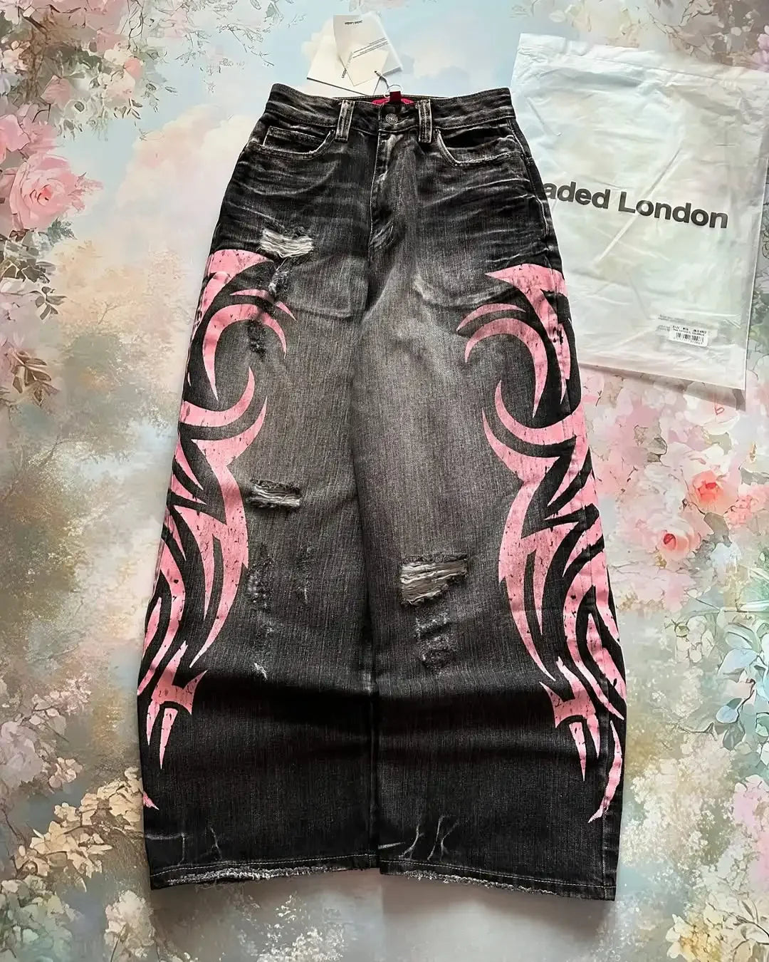 Britain Harajuku Fashion Print Men Jeans Vintage Trend Loose Oversized Hip Hop Wide Pants