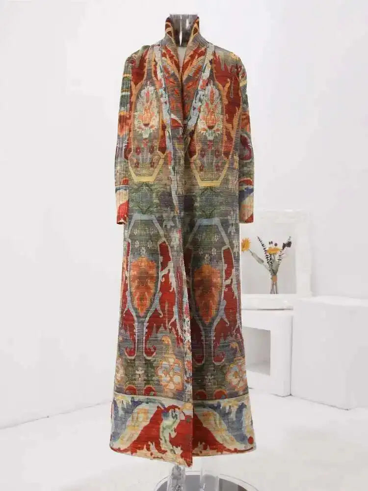 LANMREM Fashion Designer Print Pleated Windbreaker Women Scraf Collar Belt Gathered Waist Contrast Color 2024 New Coat 32C1261 - trendingshoping.com