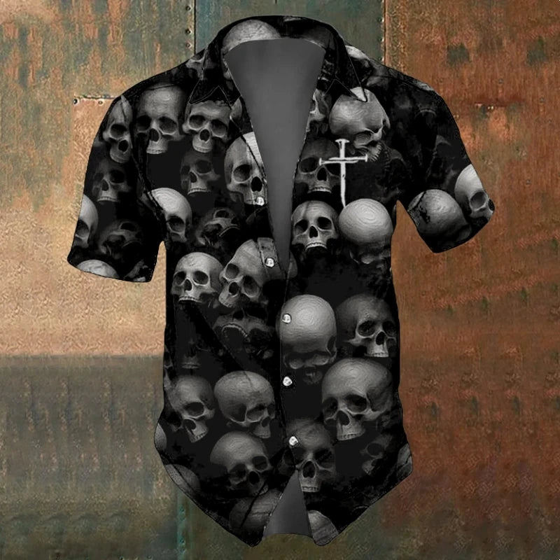 Men's Oversized Skull Shirt Short Sleeve Vintage Lapel Collar - Black & White