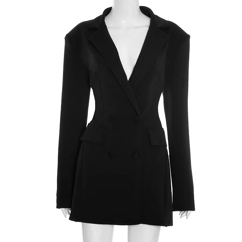 Women’s Deep V Neck Long Sleeve Mini Blazer Dress Double Breasted High Waist