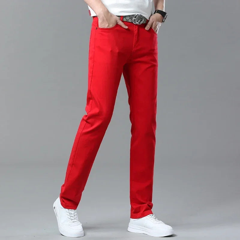 White Jeans Mens Fashion Straight Elastic Cotton Denim Pants Spring Autumn Business Casual Trousers