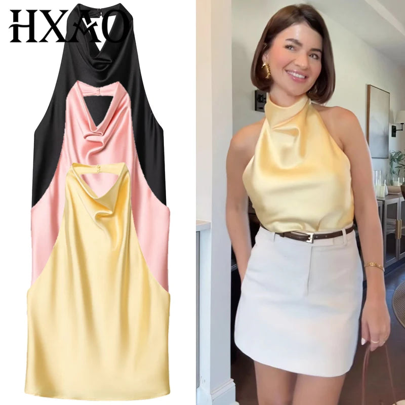 HXAO 2025 Women Satin Halter Top Summer Black Yellow Tanks & Camis Off Shoulder Crop Tank Top Fashion Sleeveless Backless Vests