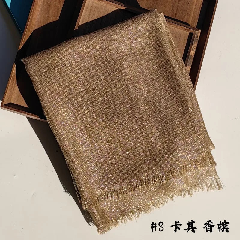 Lastest Brand Design Scarf Shiny Solid Color Shawls Rayon Fabric Gold Silk Silver Wire Head Shawl Fringe Hijab For Women