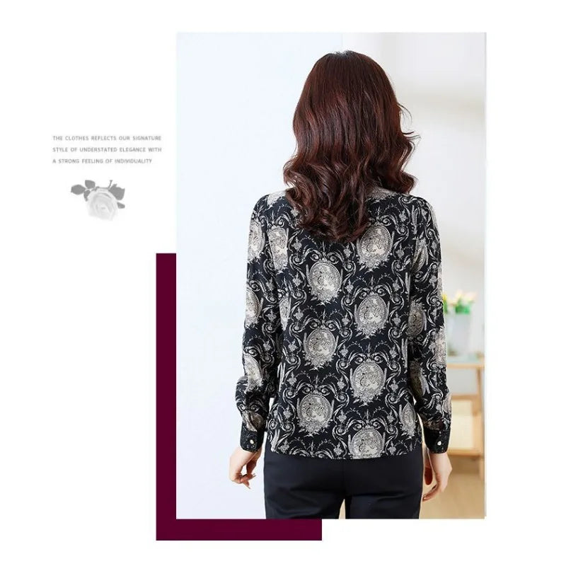 Women's Printed Satin Shirt - Slim Fit Long Sleeve Blouse for Spring & Autumn, Office Wear