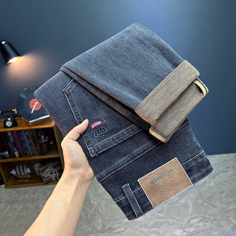 Men's Loose Straight Leg Jeans - Slightly Stretch Casual Denim Pants, Blue/Black