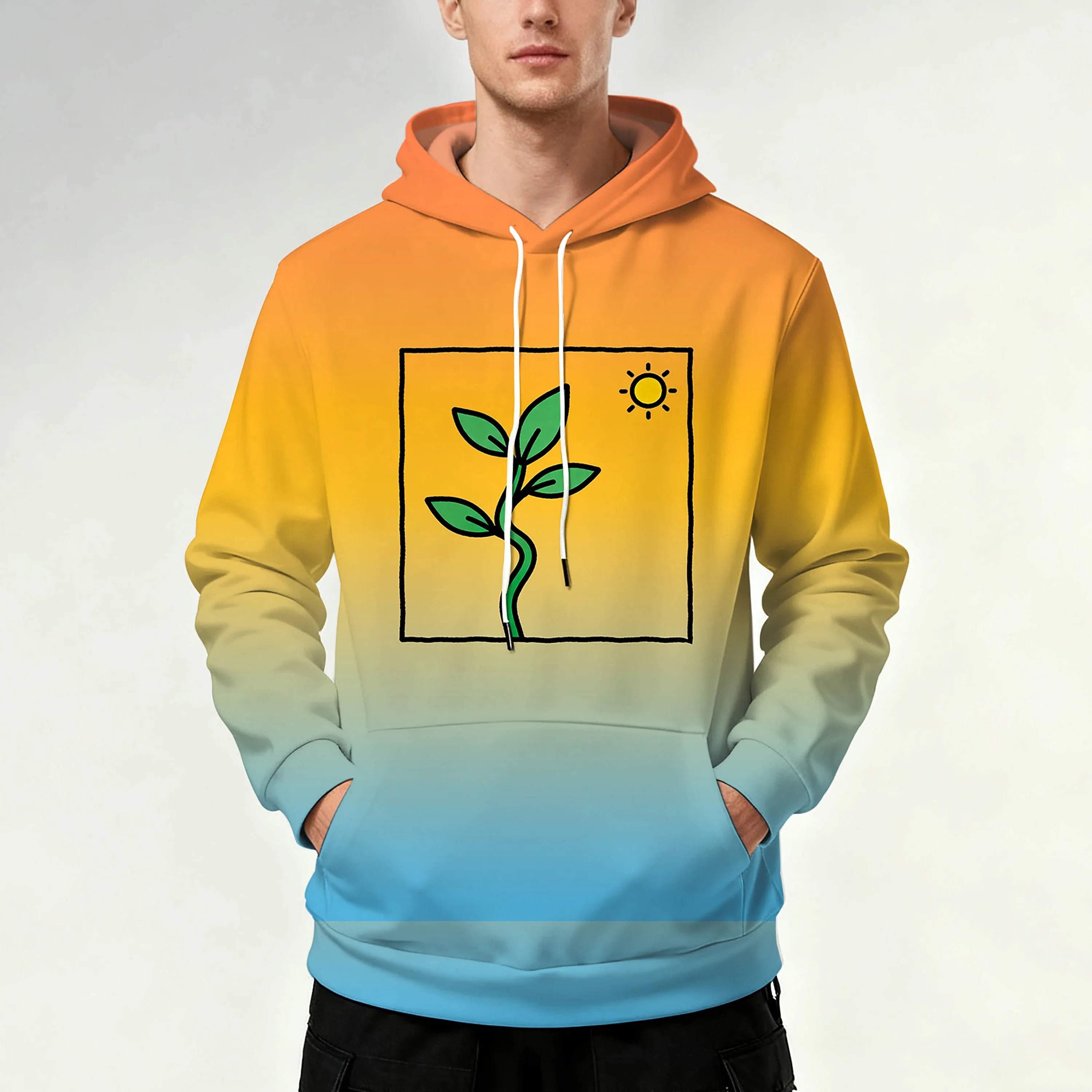 Men's hooded sweatshirt with drawstring pockets, sporty and stylish design with leaf pattern.