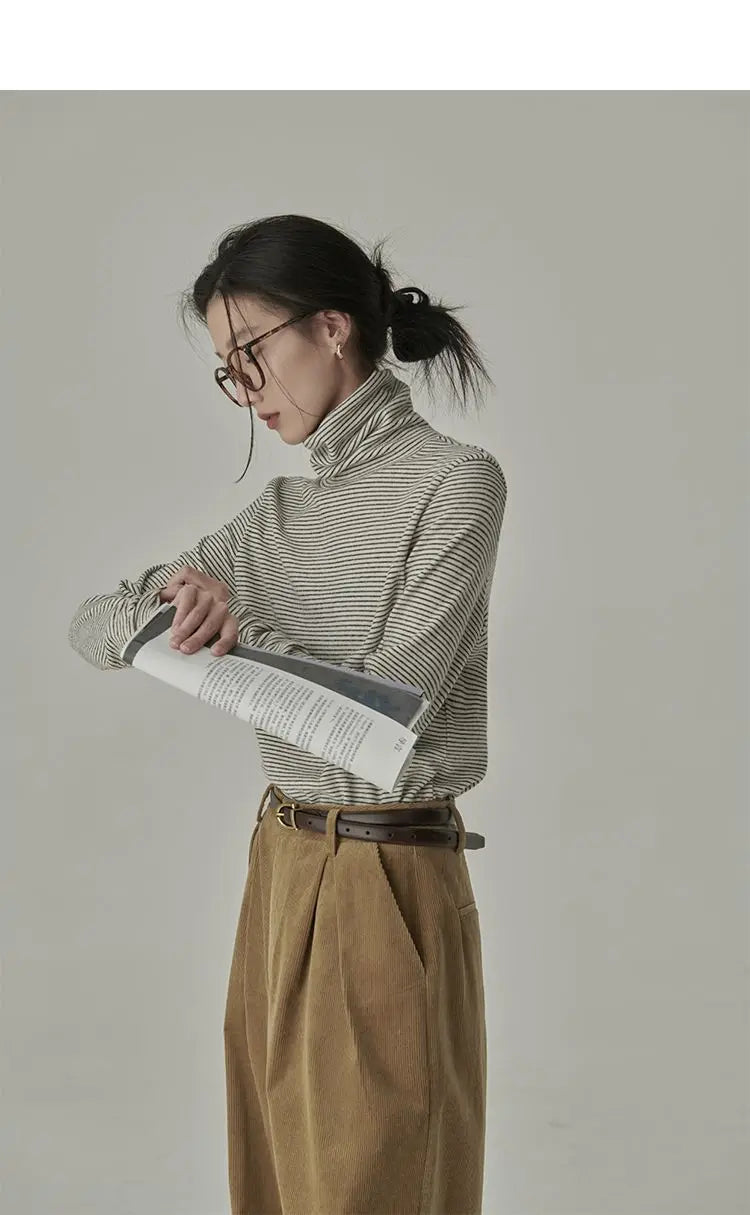 Striped T-shirts Women Spring Cozy Long Sleeved All-match Daily Elegant Classic Turtleneck Tops Hot Sales Korean Style Clothing