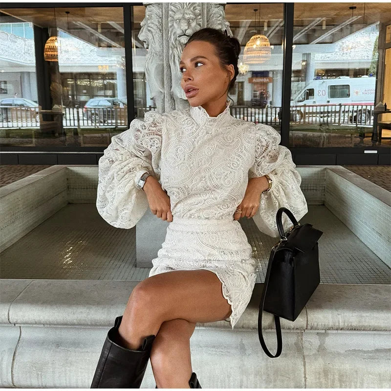 Women’s White Lace Flare Sleeve Top & Mini Skirt Set