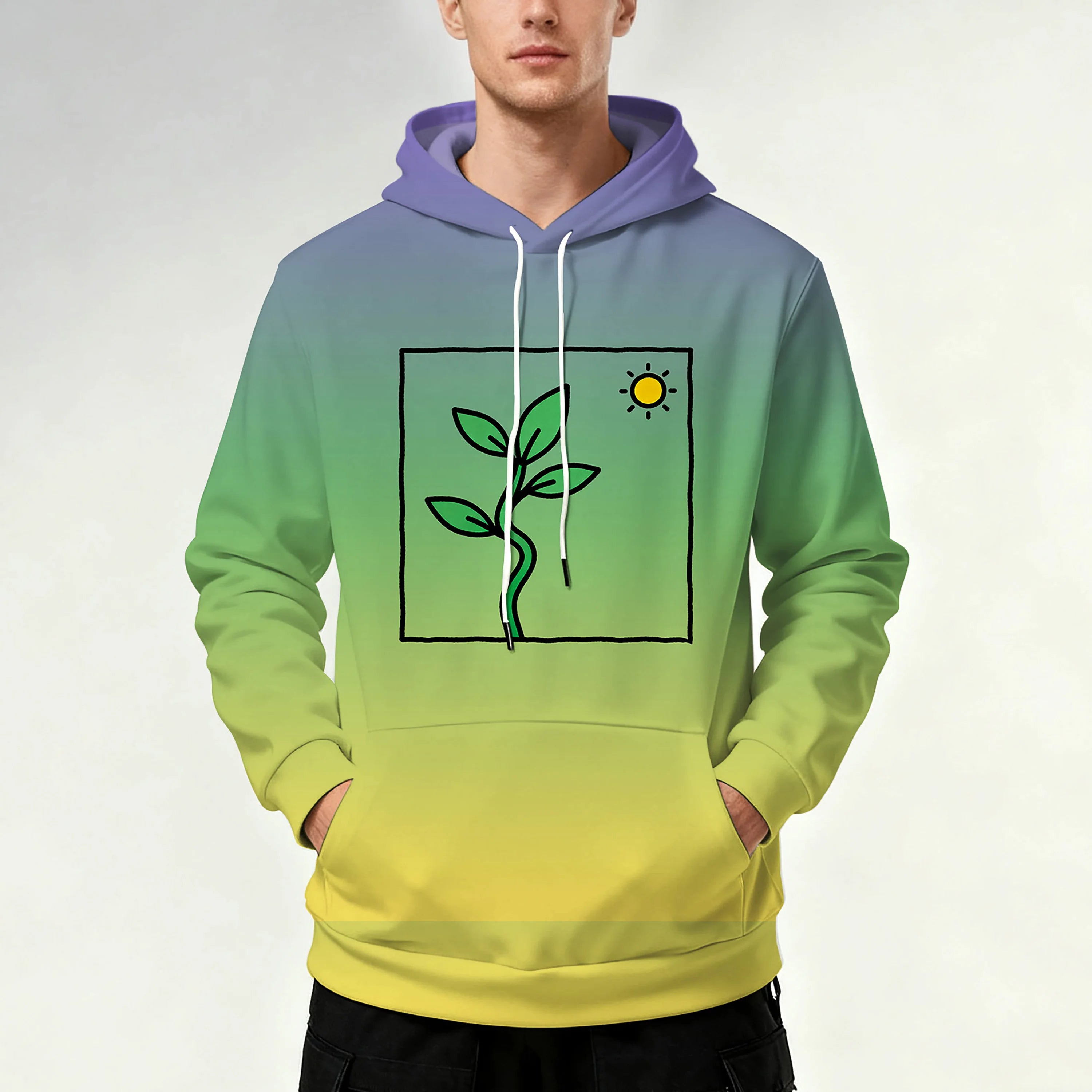 Men's hooded sweatshirt with drawstring pockets, sporty and stylish design with leaf pattern.