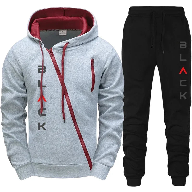 Men’s Tracksuit Set 2025 Black – Zipper Hoodie Jacket, Letter Print Jogger Sweatpants, Autumn Winter Casual Wear