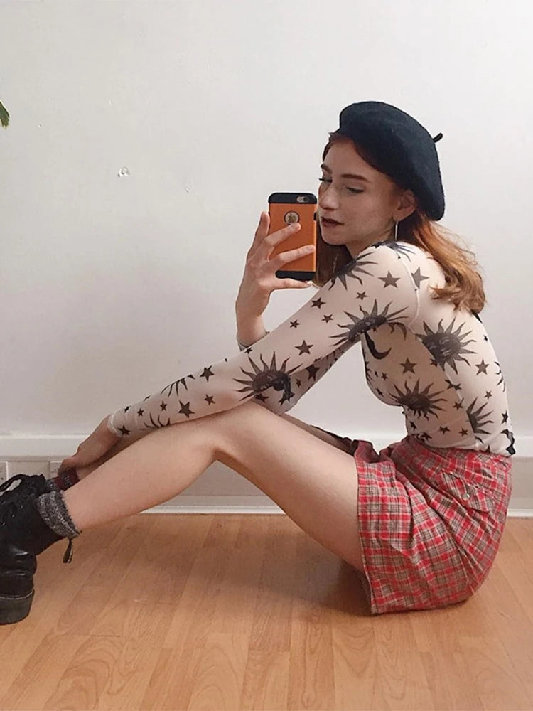 Sun Moon Printed Transparent Mesh Sexy T Shirt Women O Neck Long Sleeve Slim Basic Casual Tops 2023 Spring New