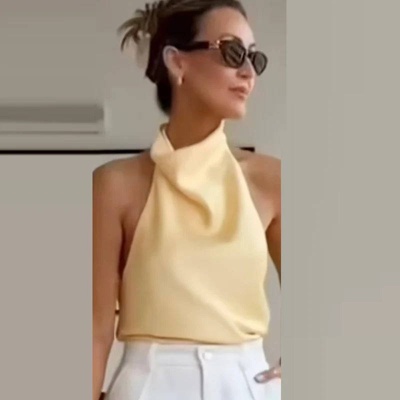 HXAO 2025 Women Satin Halter Top Summer Black Yellow Tanks & Camis Off Shoulder Crop Tank Top Fashion Sleeveless Backless Vests