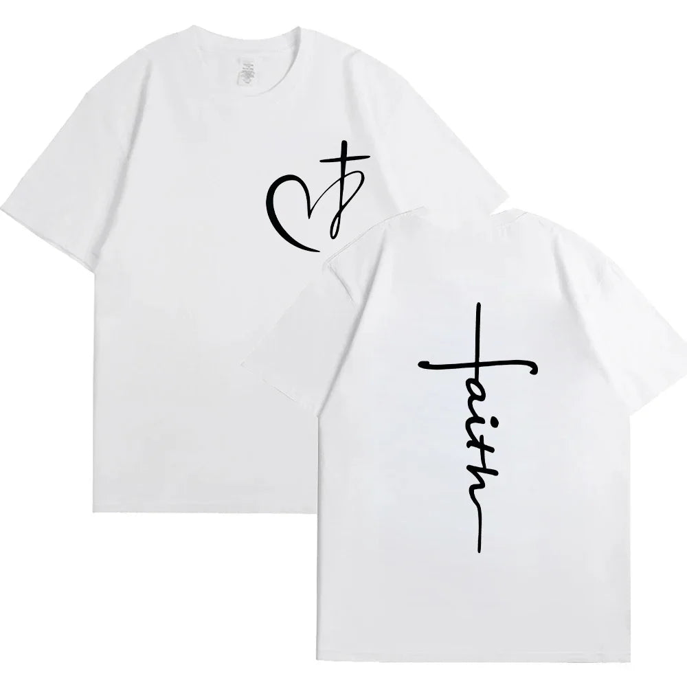 New Womens Heart Cross T Shirt Fashion Faith Print Loose Short Sleeve Classic Pullover Summer Tee Clothing