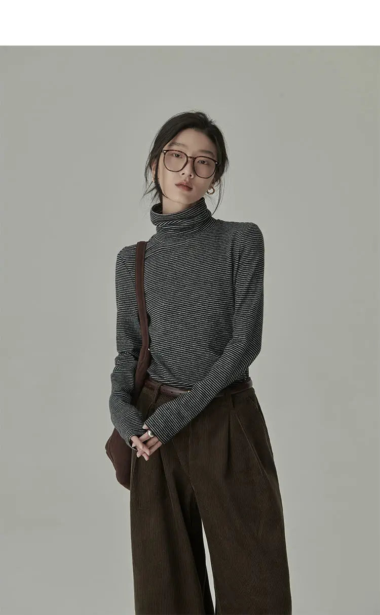 Striped T-shirts Women Spring Cozy Long Sleeved All-match Daily Elegant Classic Turtleneck Tops Hot Sales Korean Style Clothing