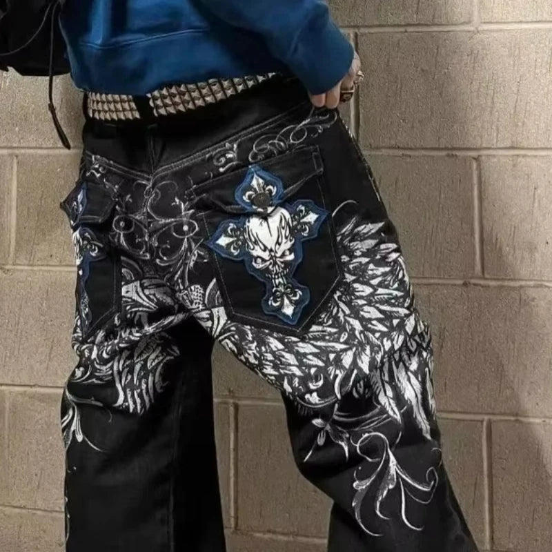 Mens Embroidered Hip Hop Wide Leg Y2K Mid Waist Gothic Retro Fashion Trousers