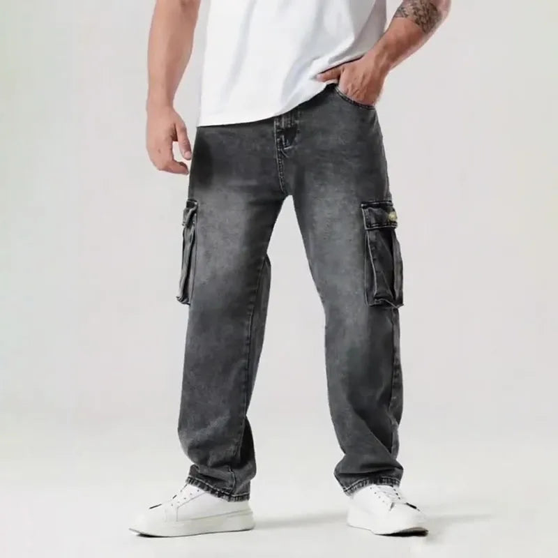 Mens Loose Straight Leg Jeans Large Pocket Casual Work Pants