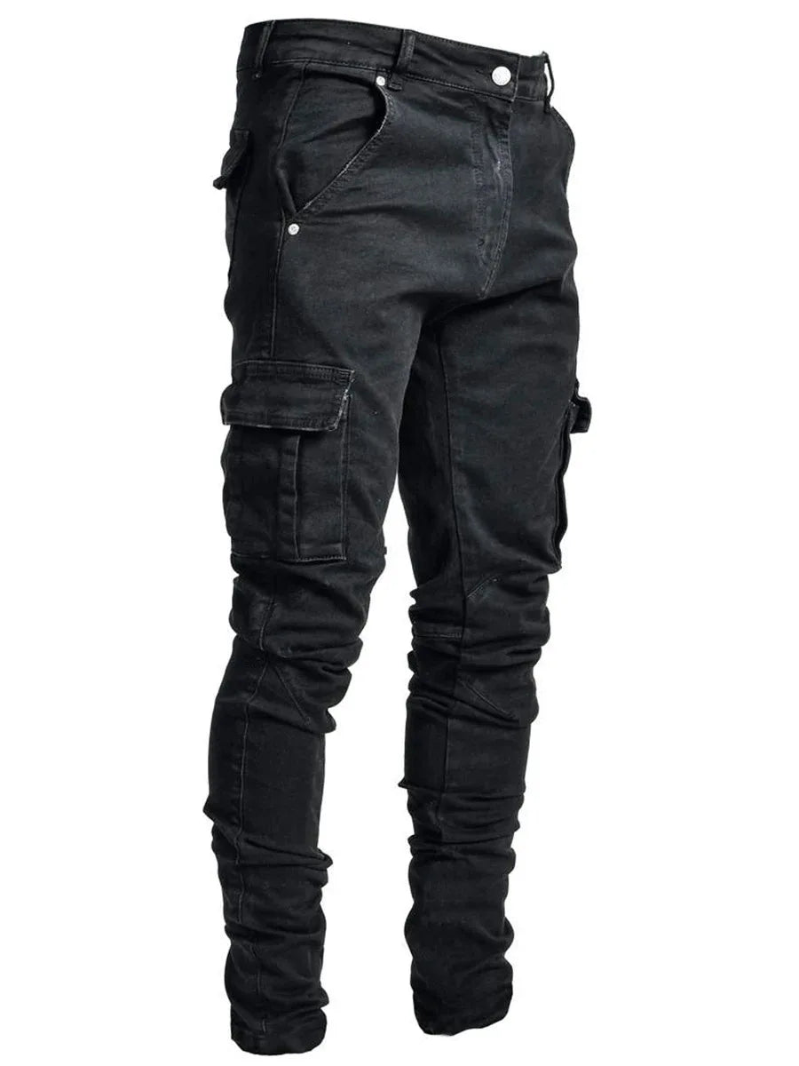 Jeans Men Black Cargo Multi Pocket Denim Pants Blue Slim Fit Overol Hombre Fashion Casual Streetwear Trousers