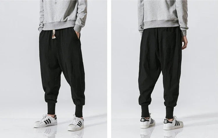 Men’s Cotton Linen Harem Pants - Baggy Drop-Crotch Streetwear Joggers